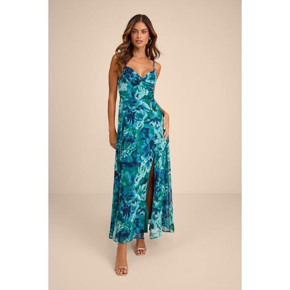 Lulus Beautiful Soul Teal Green Floral Print Twist-front Maxi Dress - Size XL
